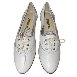 Vintage Joyce White Leather Oxford Flats 10N Lace Up Ballet Oxford Brazil point